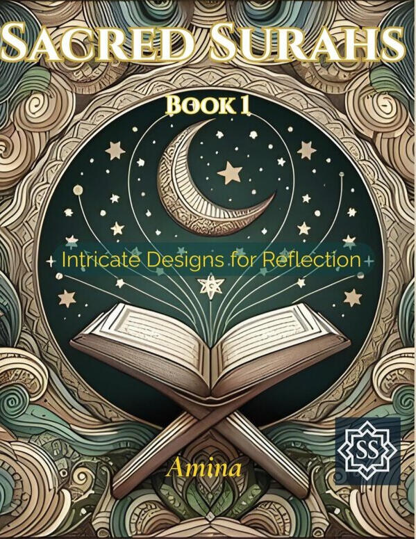 Sacred Surahs Islamic coloring book for kids featuring Surah names Sacred Surahs Volume 1 Islamic coloring book cover with green background, crescent moon, and crown and Sacred surahs volume 2 with fruit trees and cloud